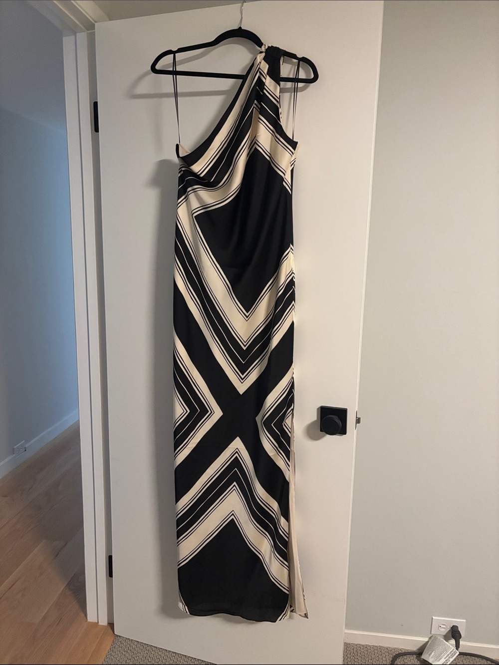 Trina Turk Black and Cream One-Shoulder Geometric Maxi